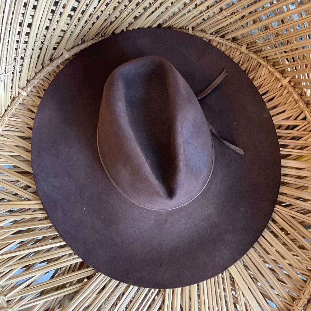 Brown Wide Brim Wool Fedora Hat - Unbranded